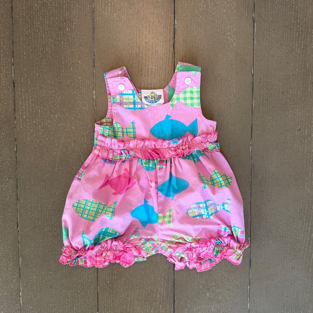 Newborn & Infant Girls’ Sleeveless Pink Gingham Fish Bubble Romper • Size 0-3M